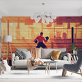 Boxing Champion Sunset Mural installed in a modern home gym, showing dramatic orange sunset tones against urban backdrop