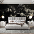 Boxing wall mural displayed in modern home gym, showing dynamic black and white action shot with dramatic lighting