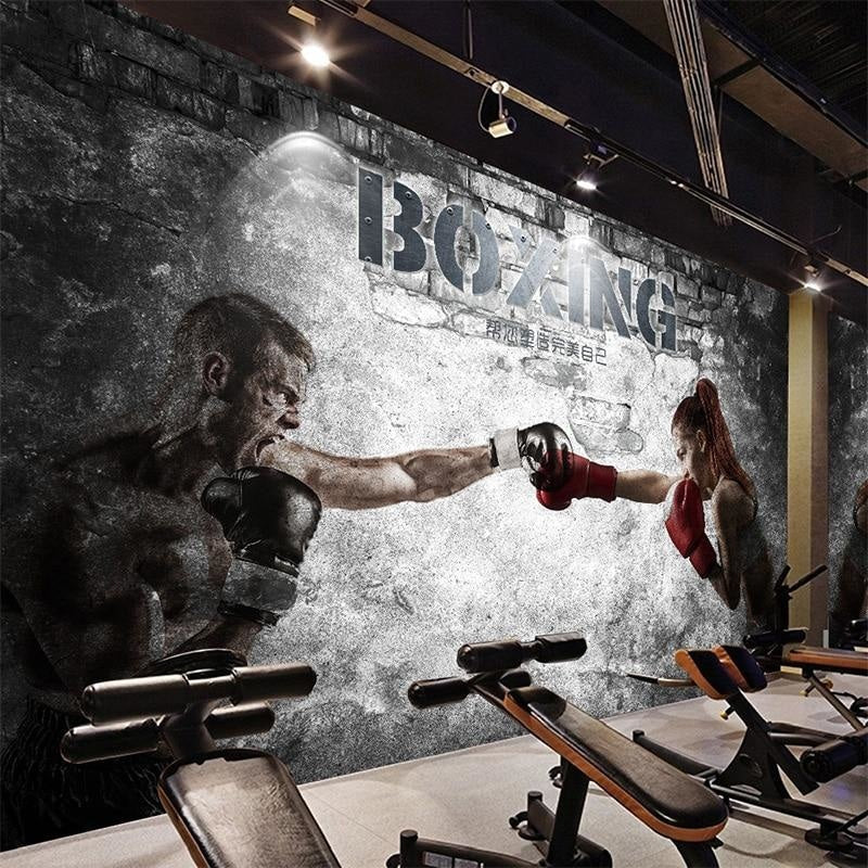 Sports wall mural in fitness center showcasing boxing match scene