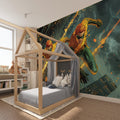 Sports wallpaper displayed in modern teen bedroom with basketball and football theme