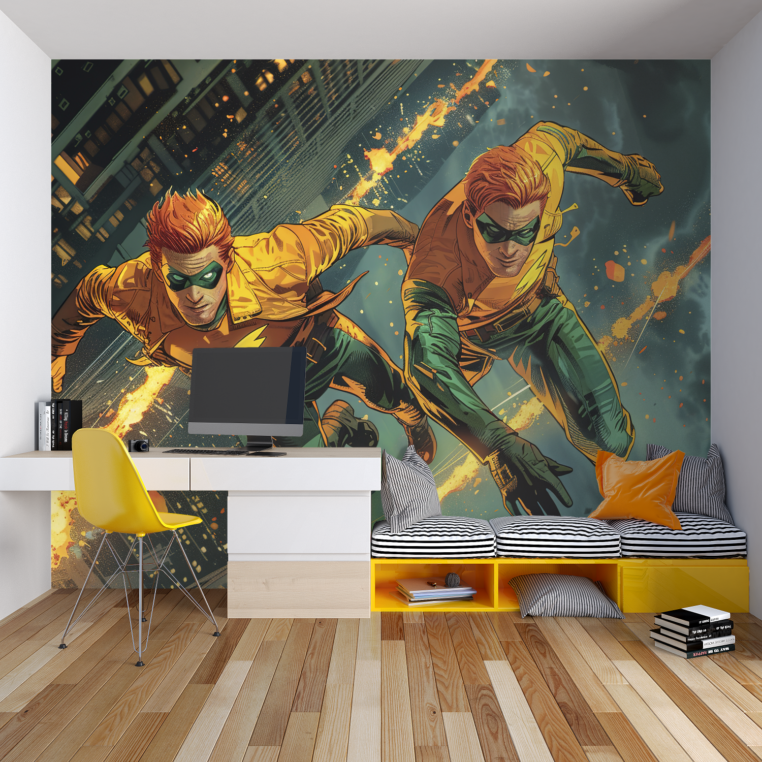 Athletic wall mural creating fun atmosphere in kids playroom