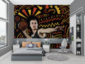 Basketball wallpaper mural bringing energy to modern teen bedroom with orange and yellow graphics