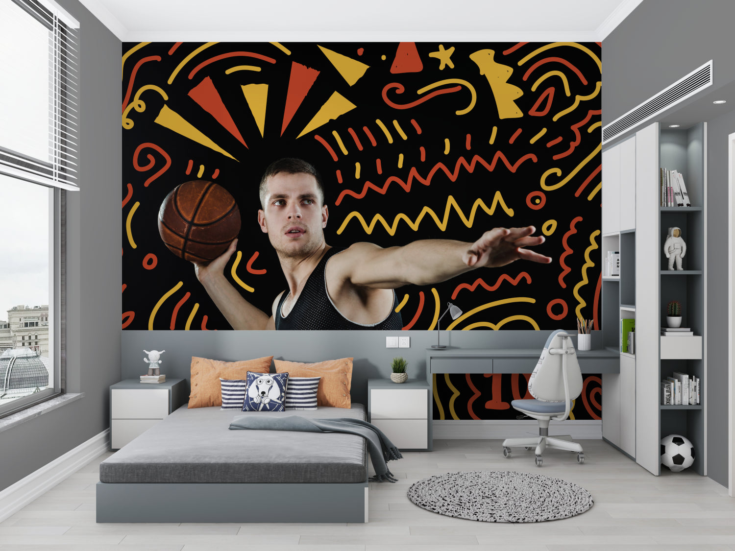 Basketball wallpaper mural bringing energy to modern teen bedroom with orange and yellow graphics