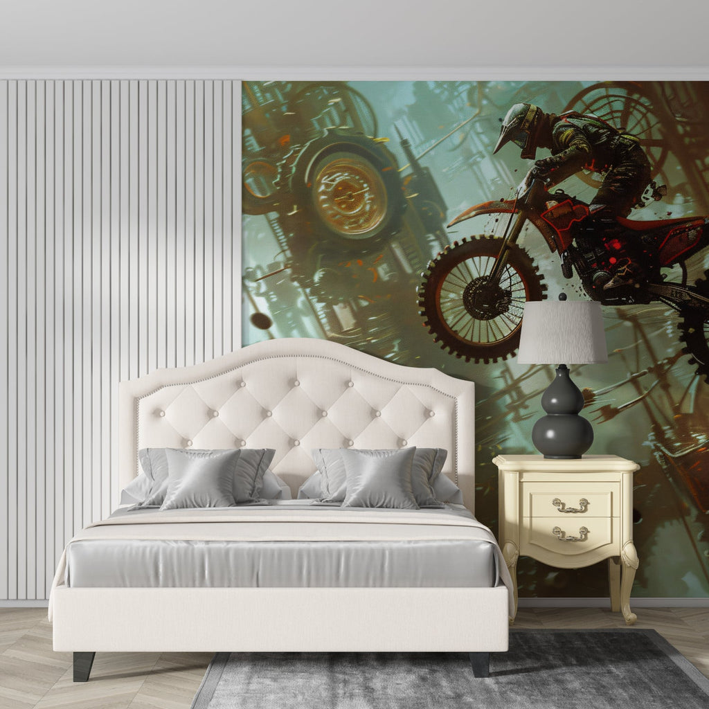 Motorcycle wall mural creating an energetic atmosphere in a modern living room