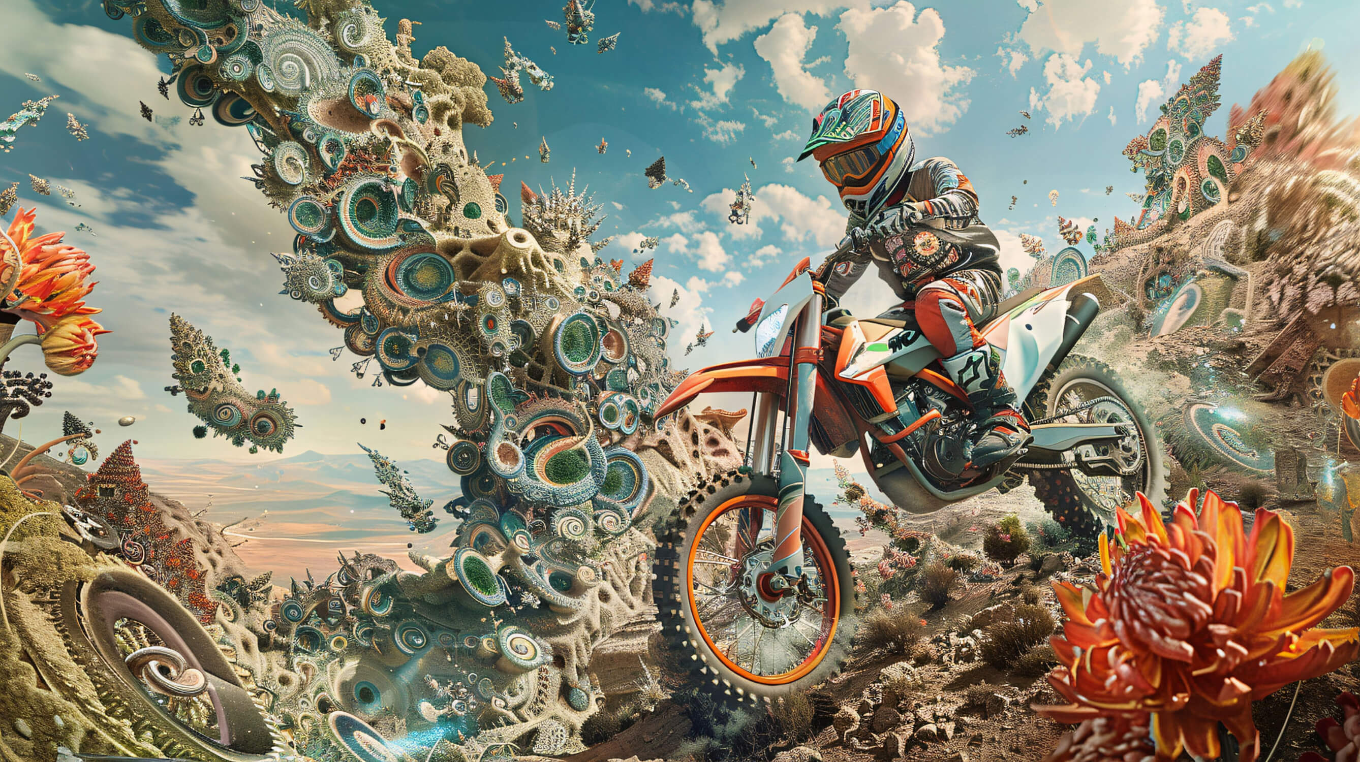 Dynamic motocross pattern design file with turquoise and orange color scheme