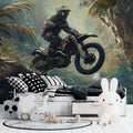 Motocross wallpaper mural in modern teen bedroom showing dynamic motorcycle action against tropical backdrop