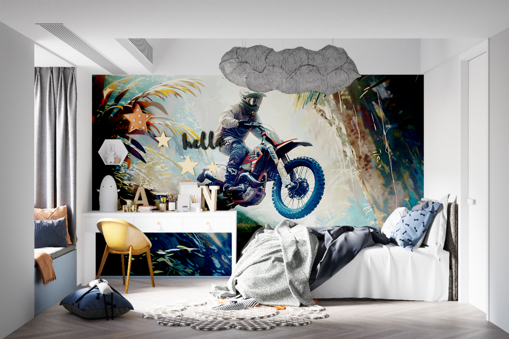 Dynamic sports wallpaper installation in recreational room setting