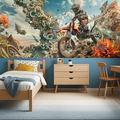 Motocross wallpaper mural in modern teen bedroom showing orange bike against turquoise backdrop