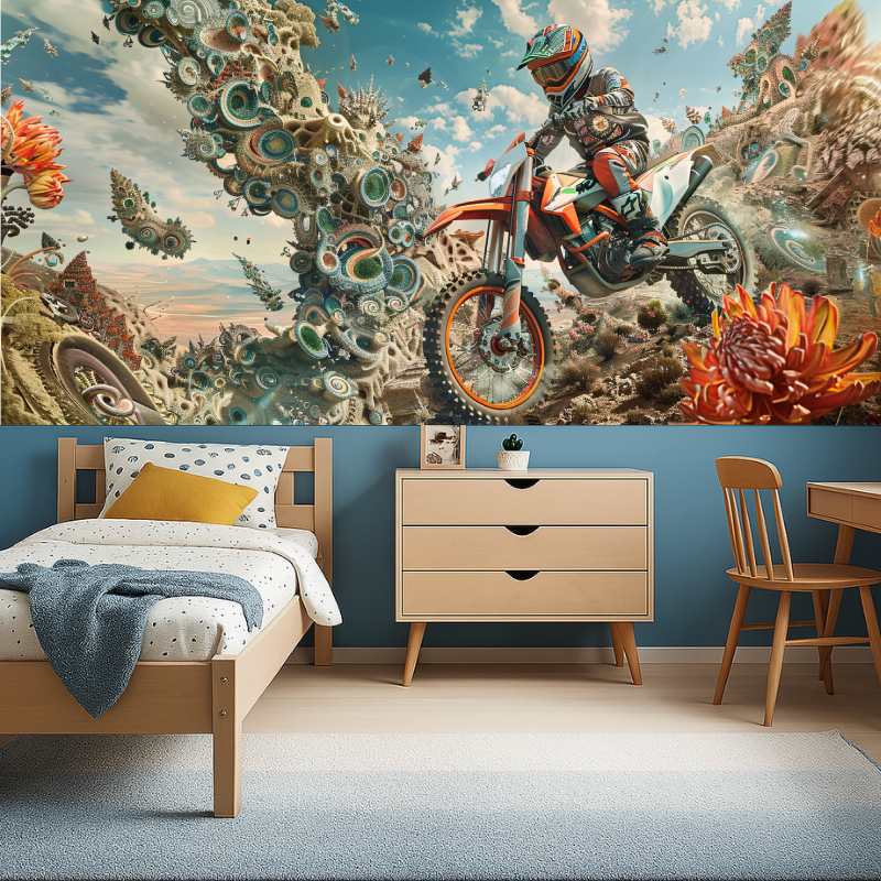 Motocross wallpaper mural in modern teen bedroom showing orange bike against turquoise backdrop