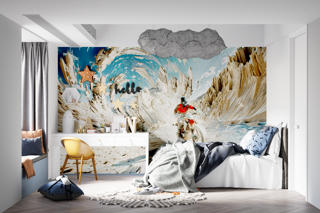 Adventure sports wallpaper making statement in contemporary living room setting