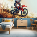 Motocross wallpaper bringing energy to a modern teen bedroom with gaming setup