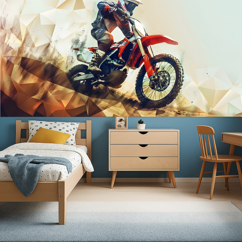 Motocross wallpaper bringing energy to a modern teen bedroom with gaming setup