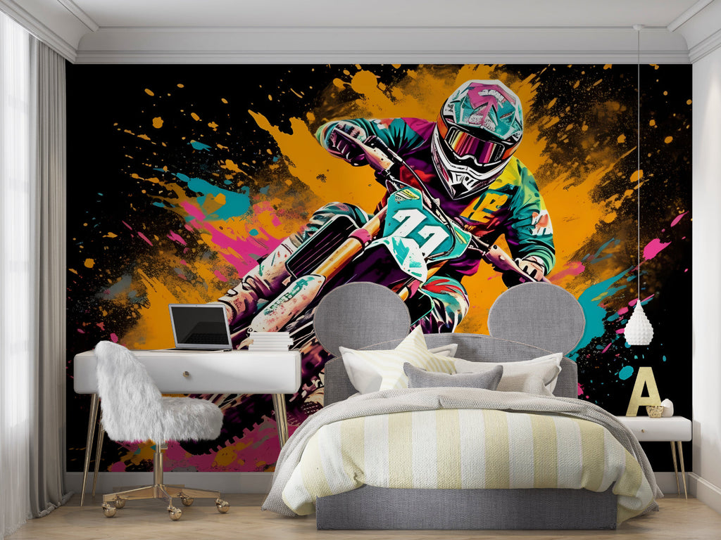 Motocross graffiti wall mural bringing urban edge to a modern teen bedroom with neon gaming setup
