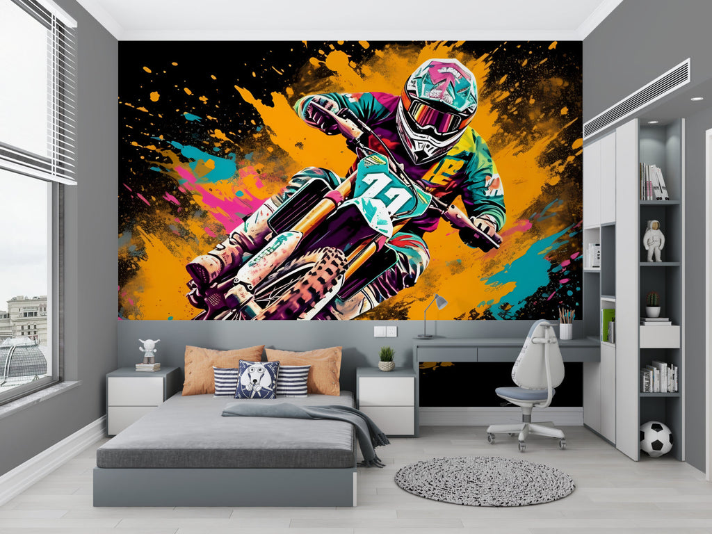 Street art motocross wallpaper transforming a home gym with bold graffiti style and dynamic colors
