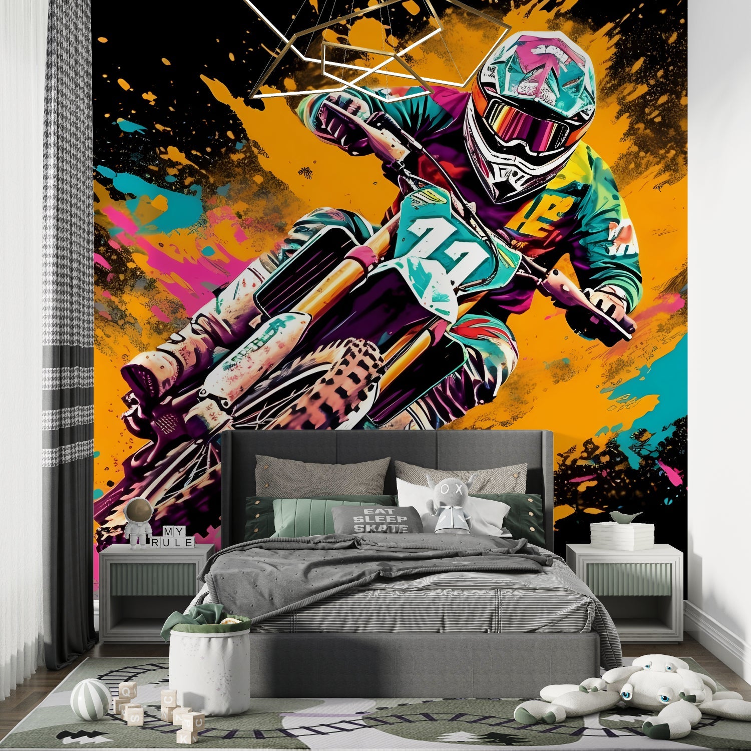 Sports theme wall mural enhancing an urban style bedroom with dramatic lighting