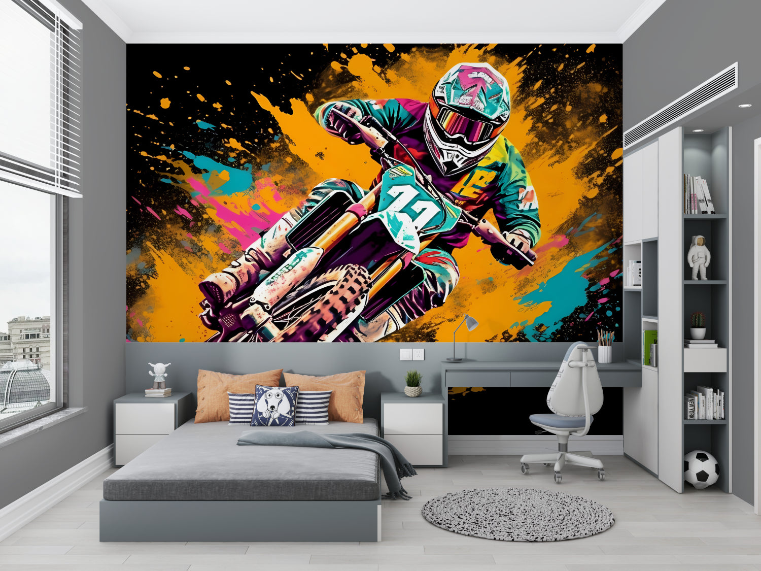 Motocross graffiti wallpaper bringing urban style to a modern teen bedroom with orange and turquoise accents