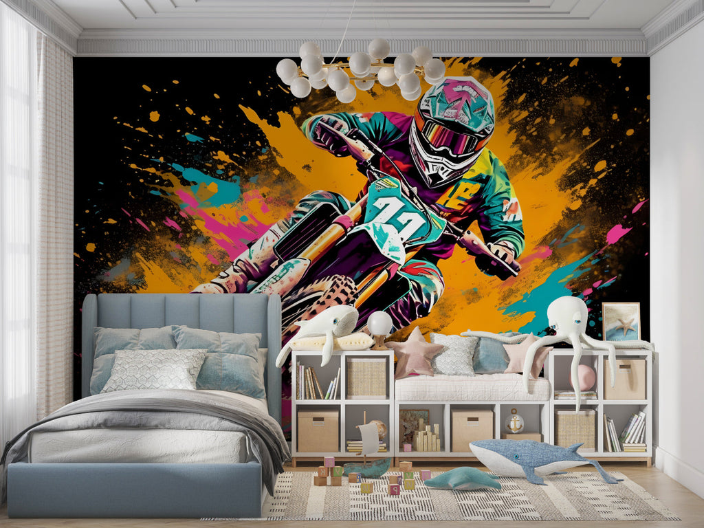 Sports wall mural showcased in a game room with dynamic motocross action and street art elements