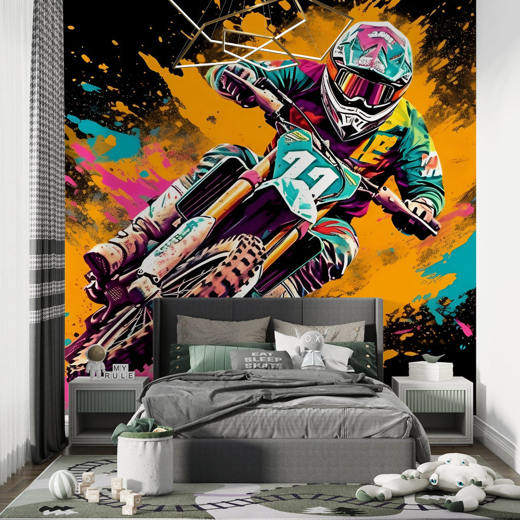Graffiti motocross wallpaper energizing a home gym with bold colors and urban flair