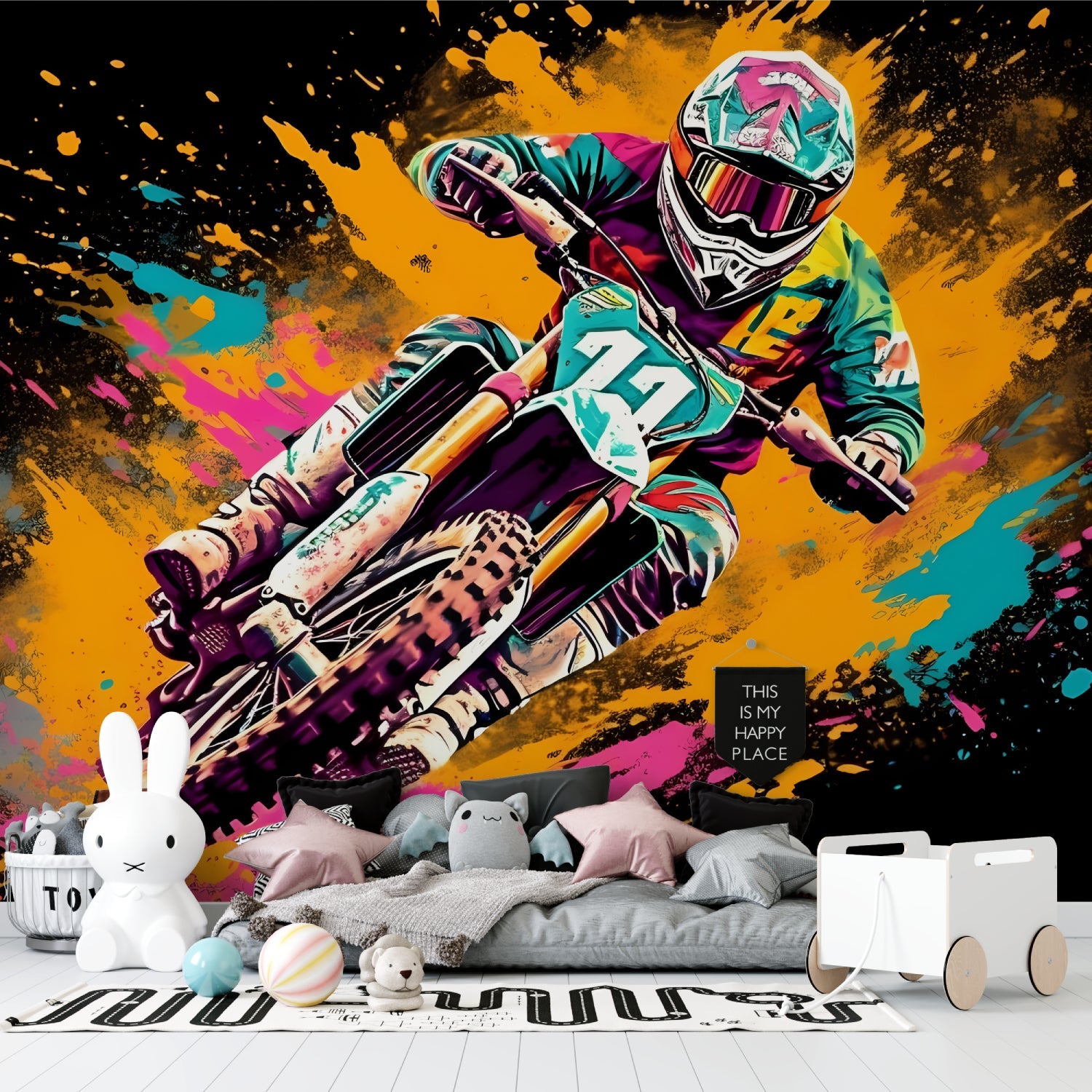 Urban sports mural transforming a living room with explosive motocross graffiti design