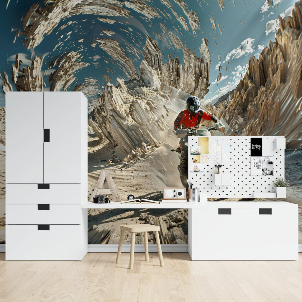 Sports mural transforming a game room with dynamic mountain motocross scene