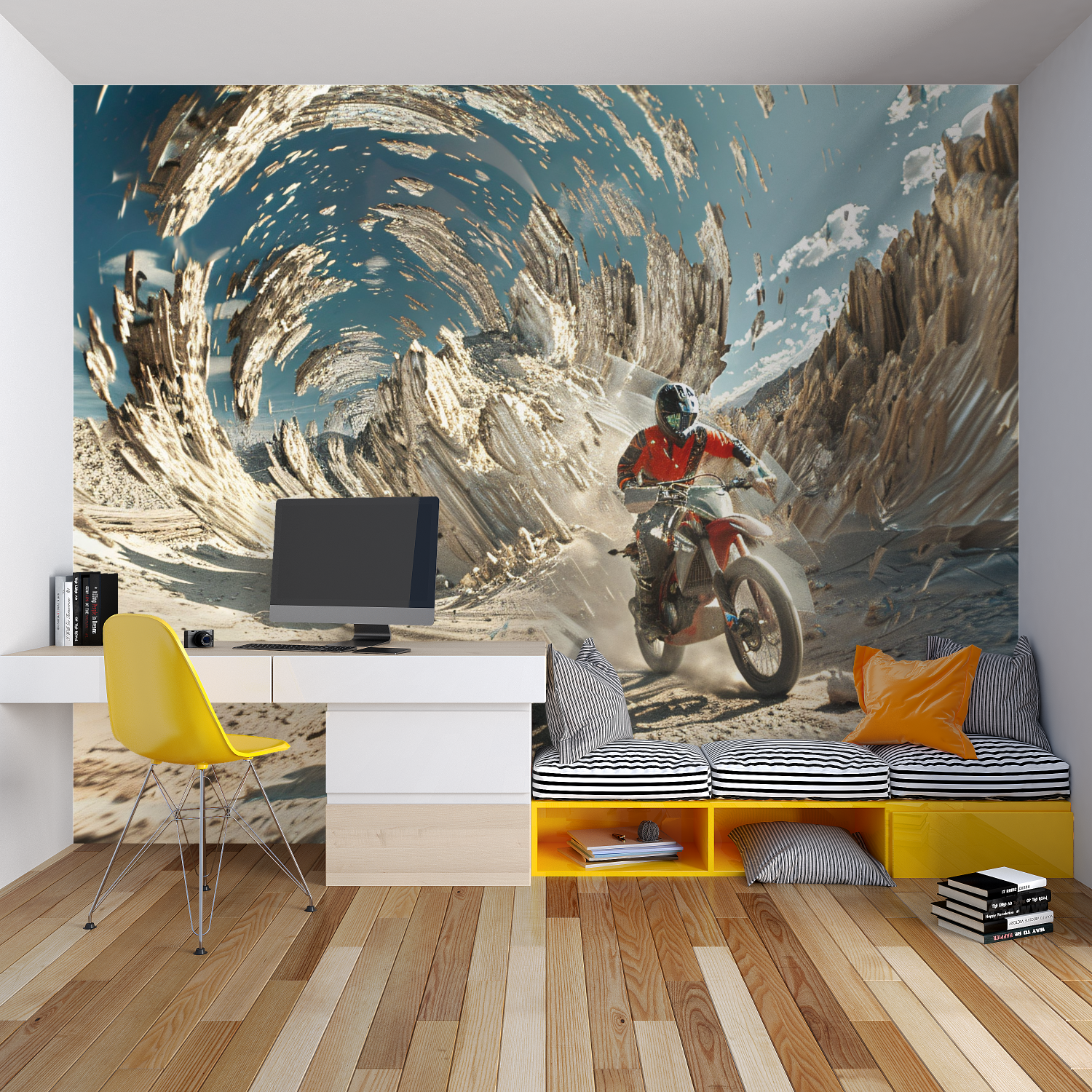 Extreme sports wallpaper making a statement in a modern living room