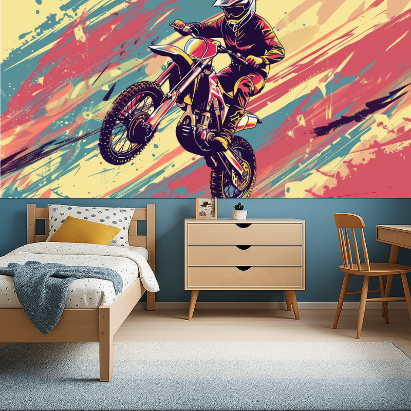 Sports mural wallpaper showcased in a contemporary game room with LED lighting