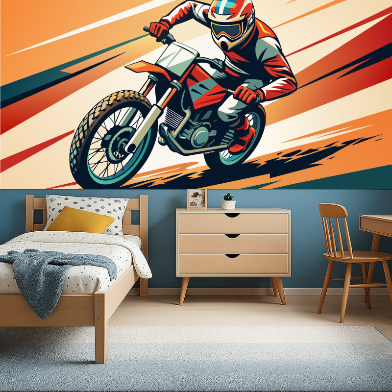 Dynamic motorcycle wall mural creating excitement in a stylish gaming room setup