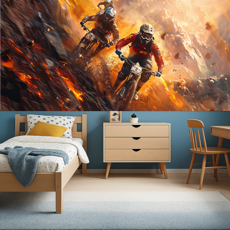 Sports action mural displayed in a gaming room showing intense motocross racing scene