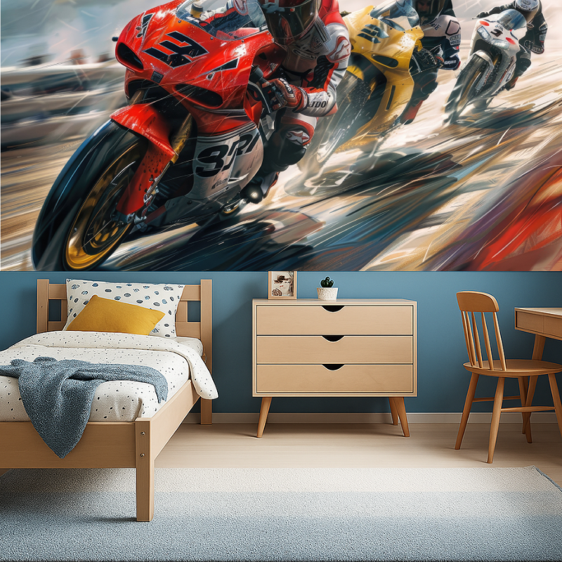 Sports themed motorcycle mural in a teen bedroom showing racing action and speed