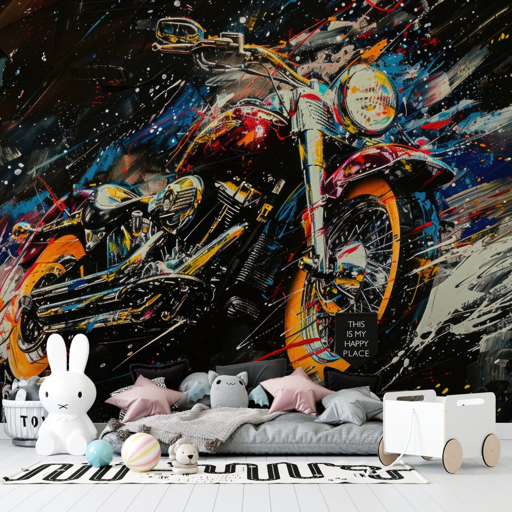 Teen bedroom featuring motorcycle wall mural creating bold focal point