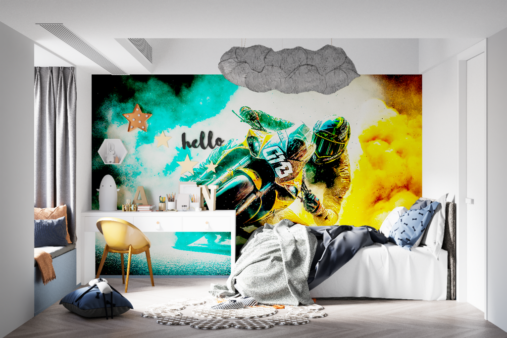 Motorcycle sports wallpaper creating bold statement in man cave setting