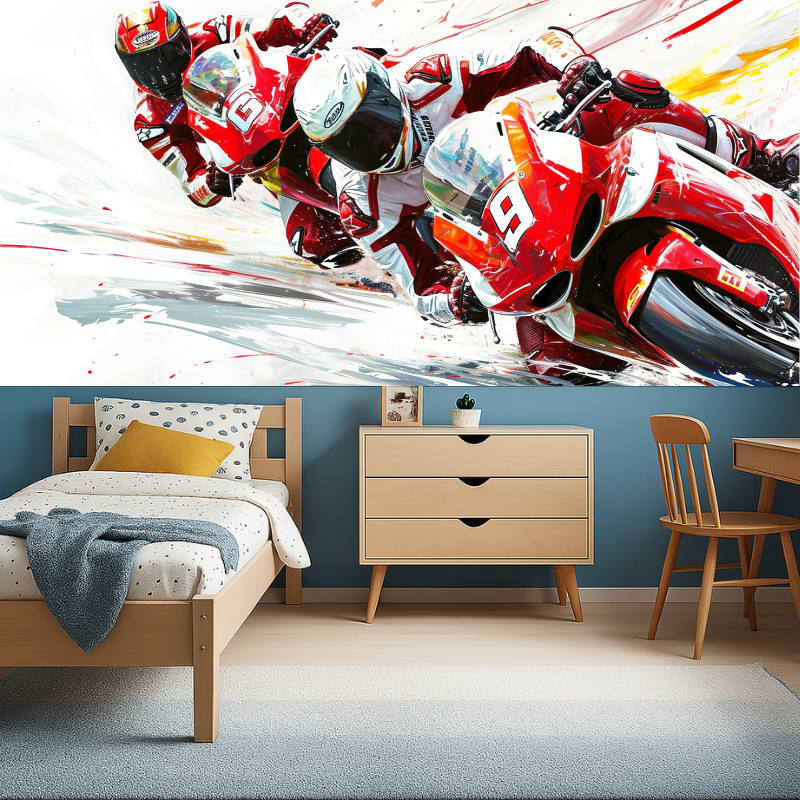 Dynamic Racing Motorcycle Wallpaper in modern teen bedroom showing red bike design against white wall
