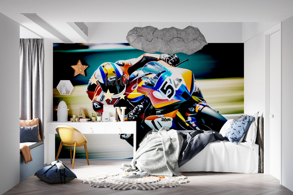 Racing motorcycle wall design creating focal point in home office space
