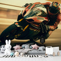 Racing motorcycle wallpaper creating bold impact in modern living room with grey sofa and minimalist decor
