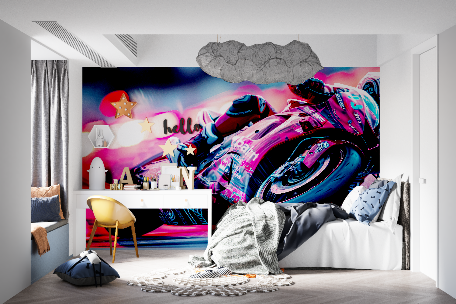 Sports Racing Wallpaper displayed in contemporary man cave setting