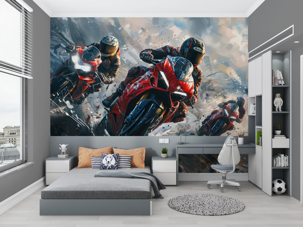 Motorcycle racing wallpaper creating high-energy atmosphere in modern teen bedroom with gaming setup