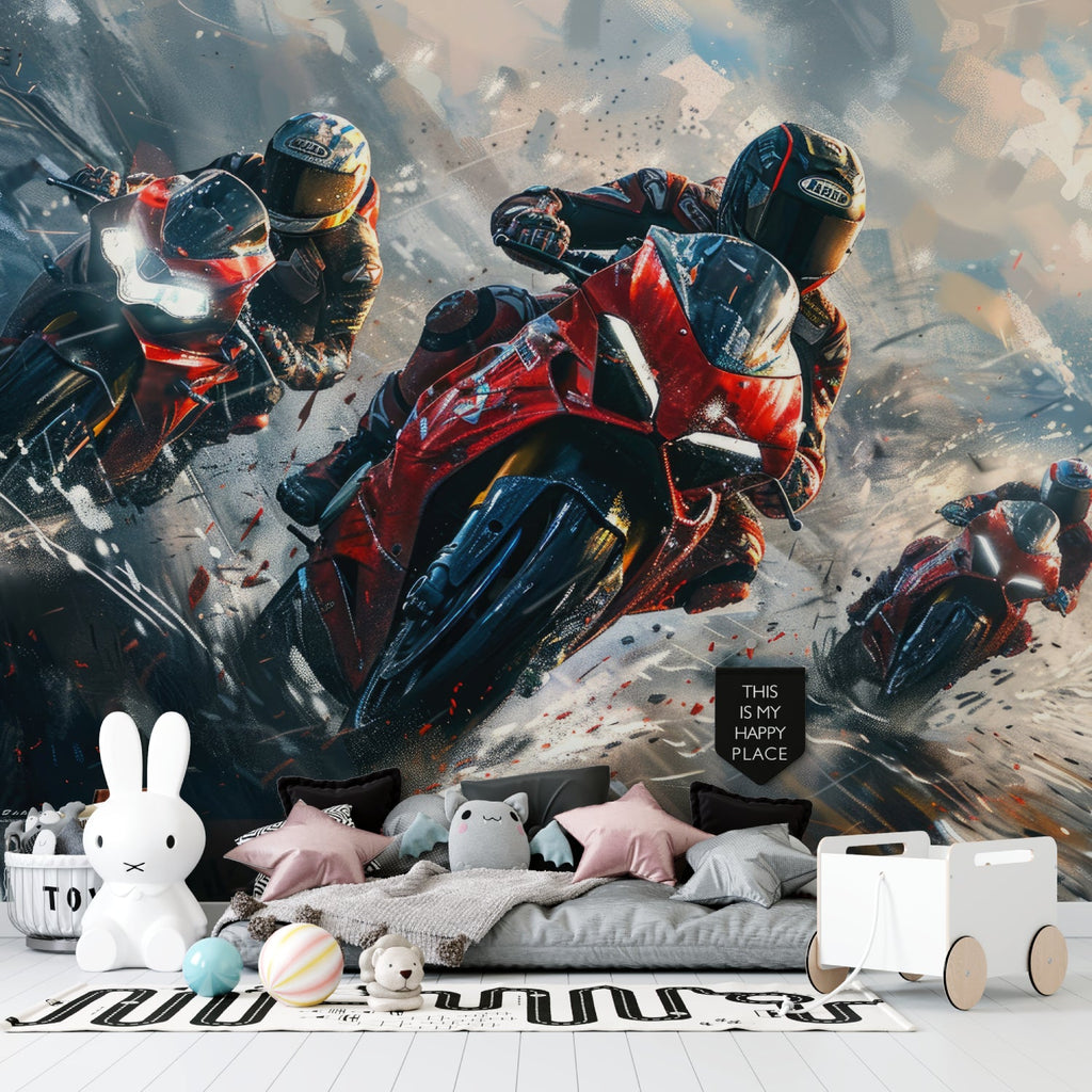 Motorcycle wall mural adding energy to urban loft game room with modern furniture