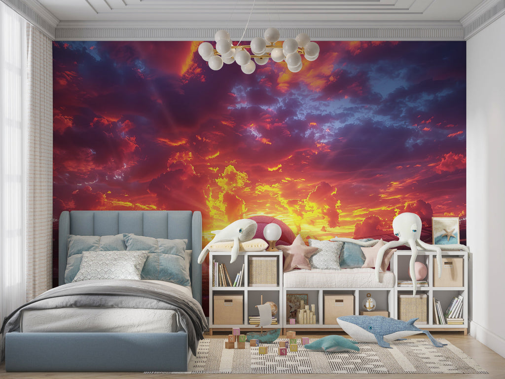 Stadium wallpaper creating atmosphere in teen gaming room with purple sunset glow