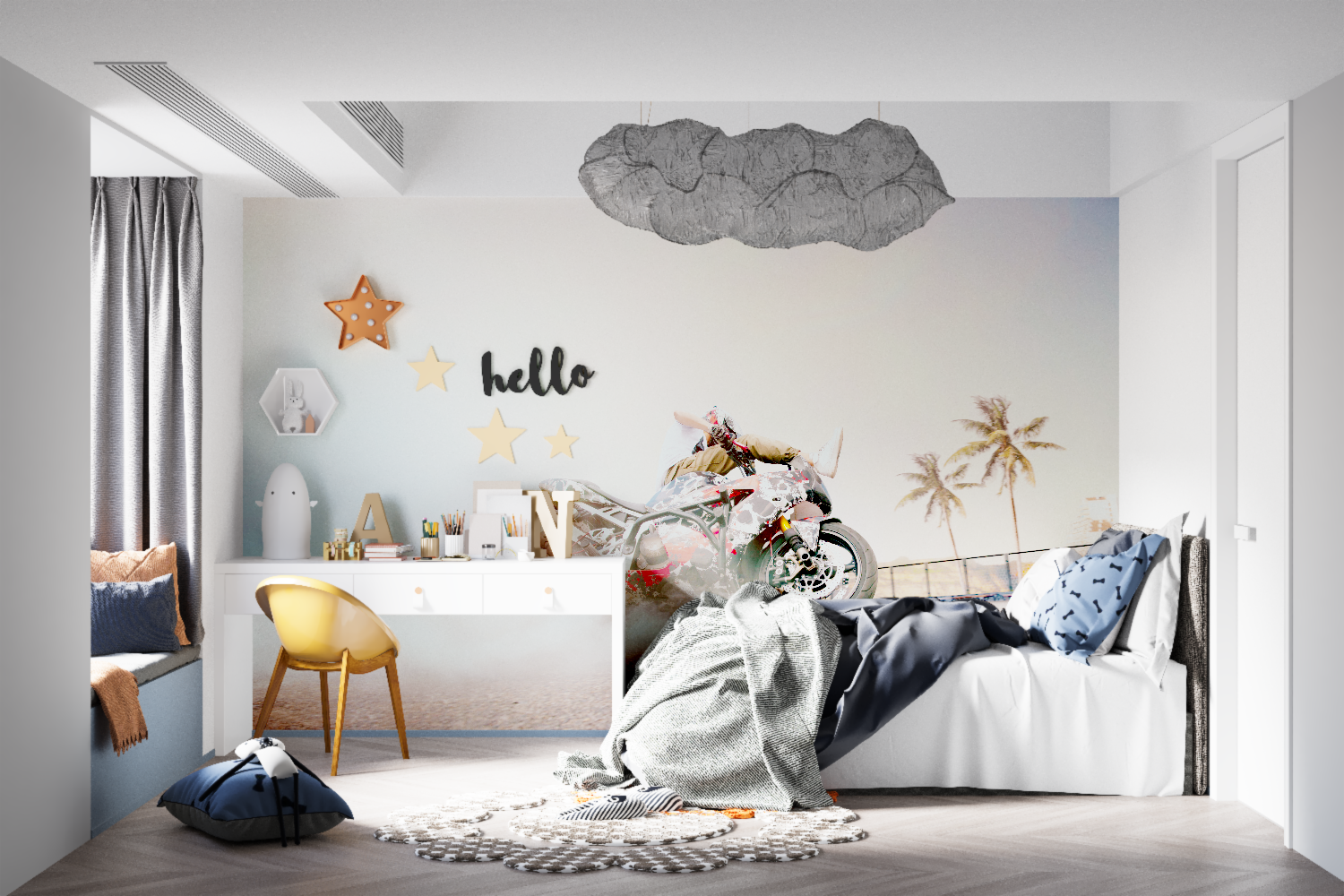 Sports themed motorcycle wall mural creating an eye-catching feature in a teen bedroom