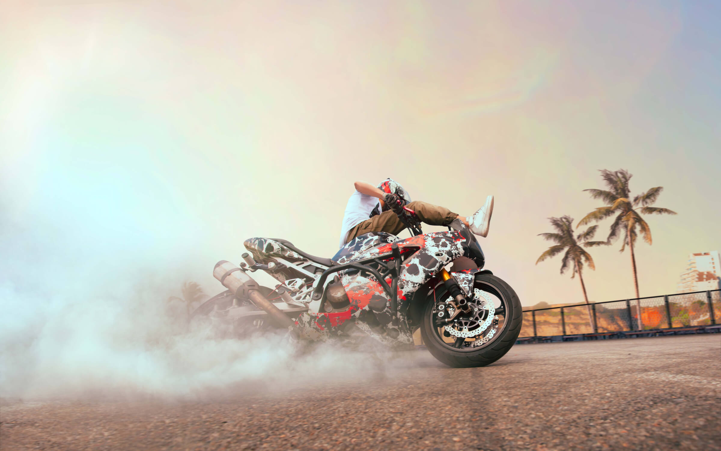 Design file of motorcycle sports wallpaper showing detailed pattern with sunset and palm tree elements
