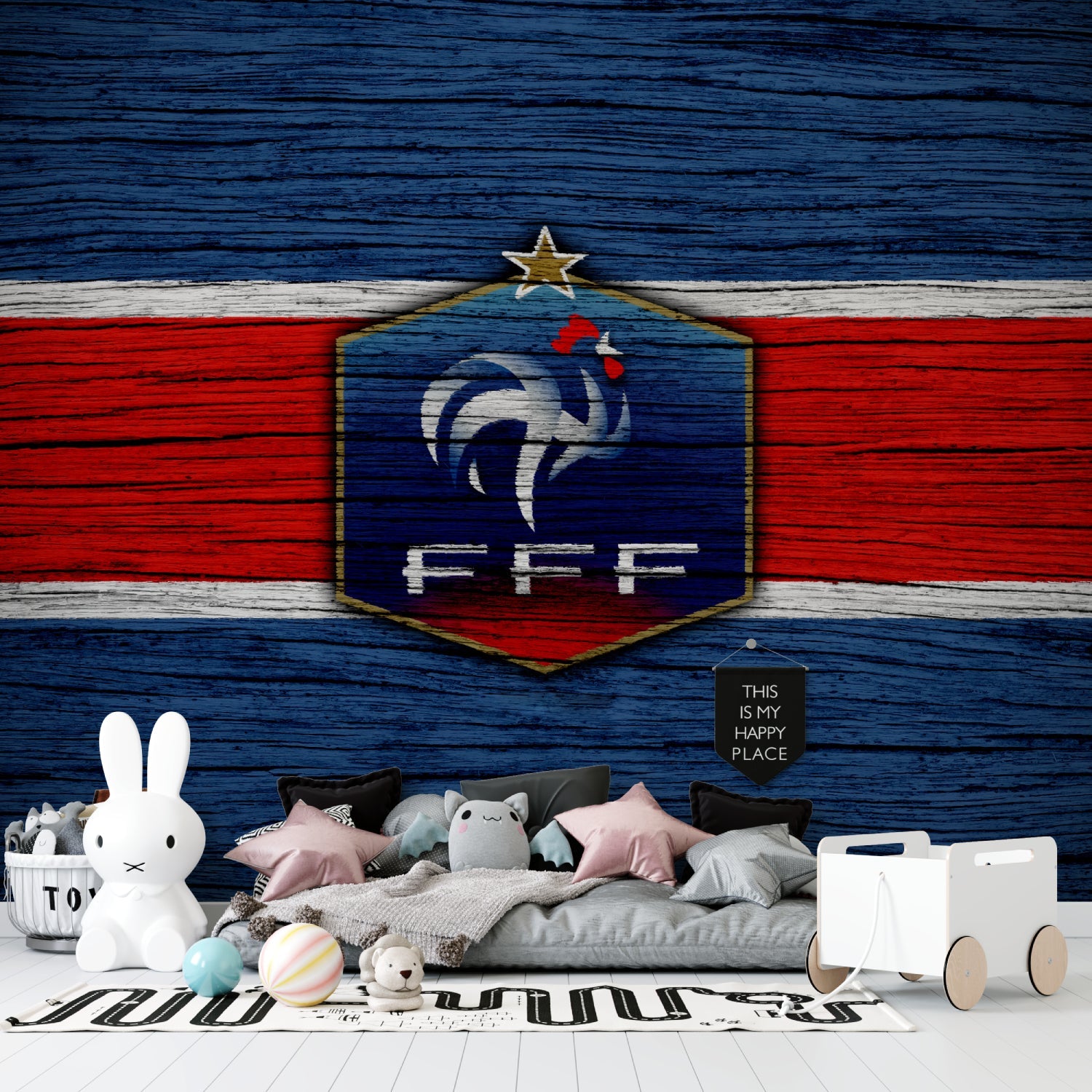 Team wallpaper showcased in fan cave with trophy display