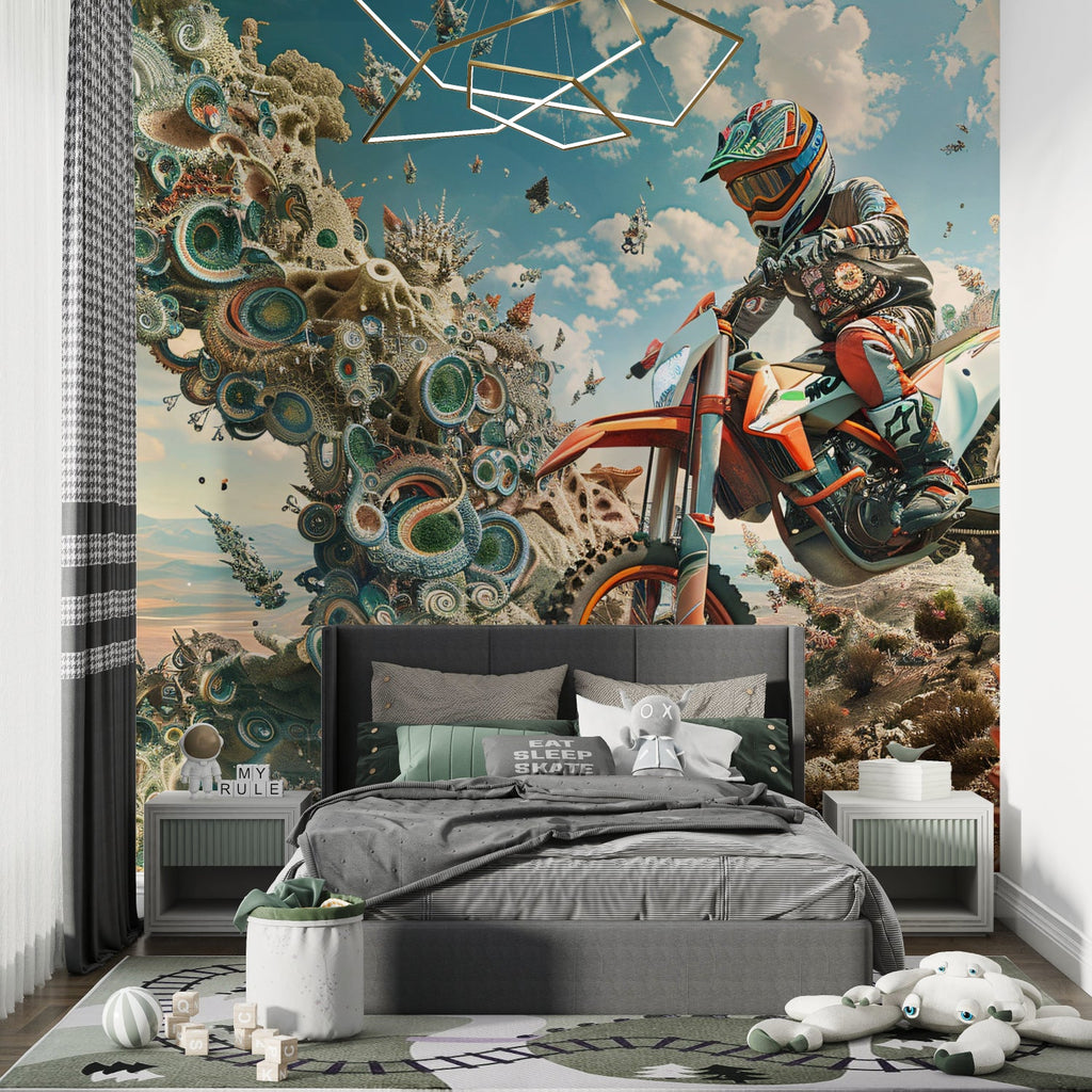 Man cave transformed with extreme sports wall mural in stunning abstract style
