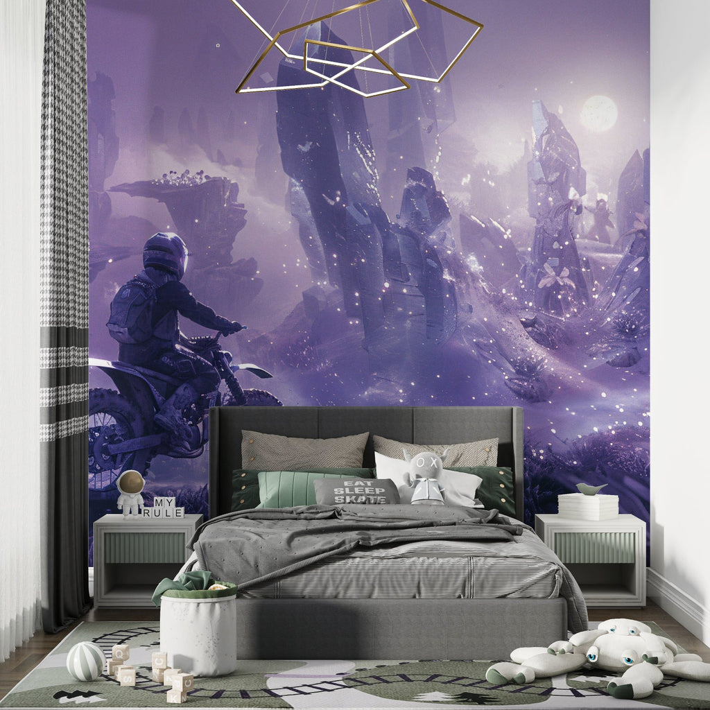 Sports mural wallpaper featuring motocross action in a teen bedroom, creating an epic purple galaxy atmosphere