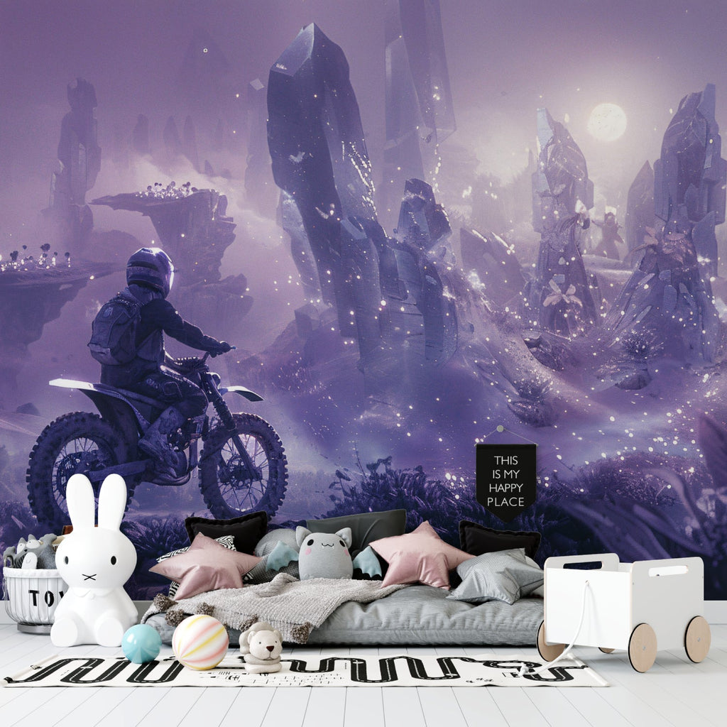 Motocross galaxy wallpaper displayed in a modern gaming room with LED lighting