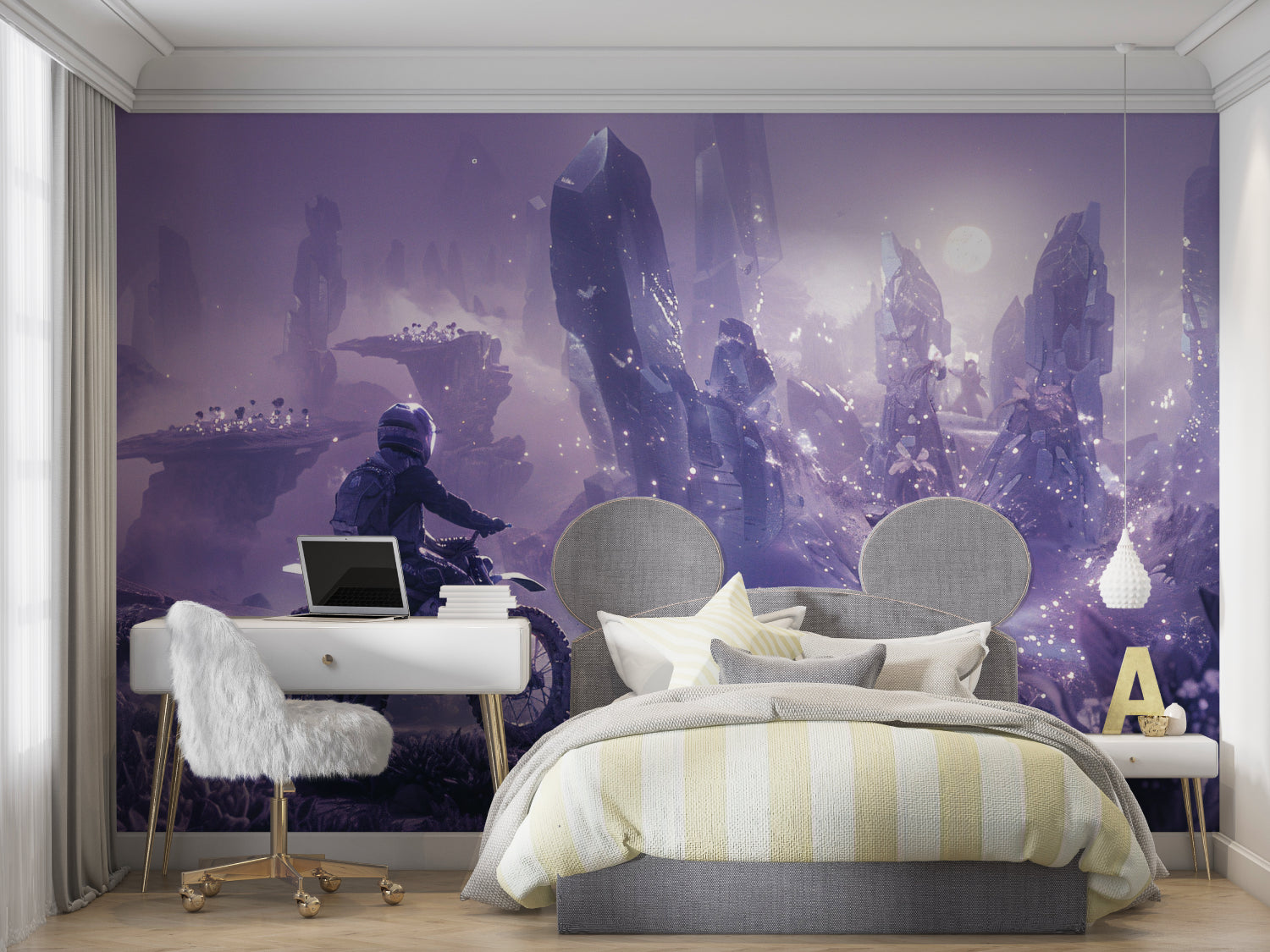 Sports themed wallpaper creating depth in a teen entertainment room