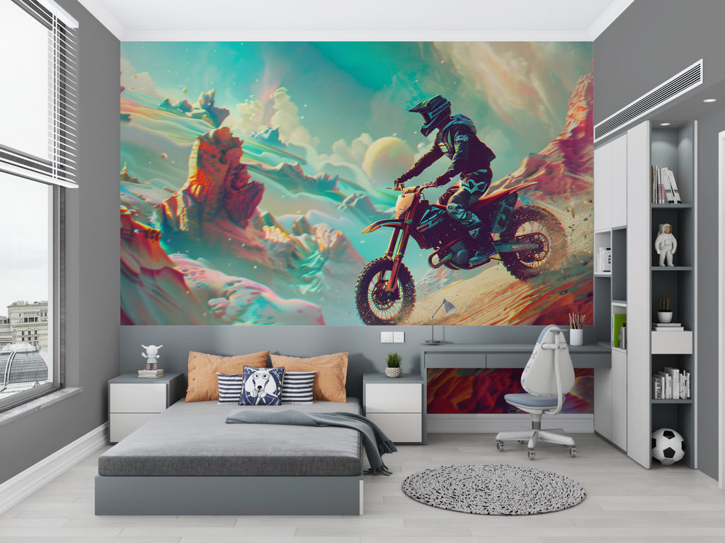 Motocross wall art creating bold statement in modern office space