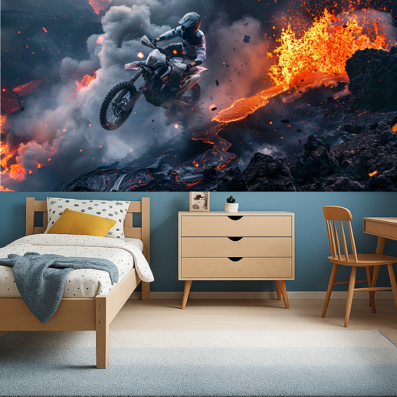 Adventure sports mural creating bold impact in a modern living room setting