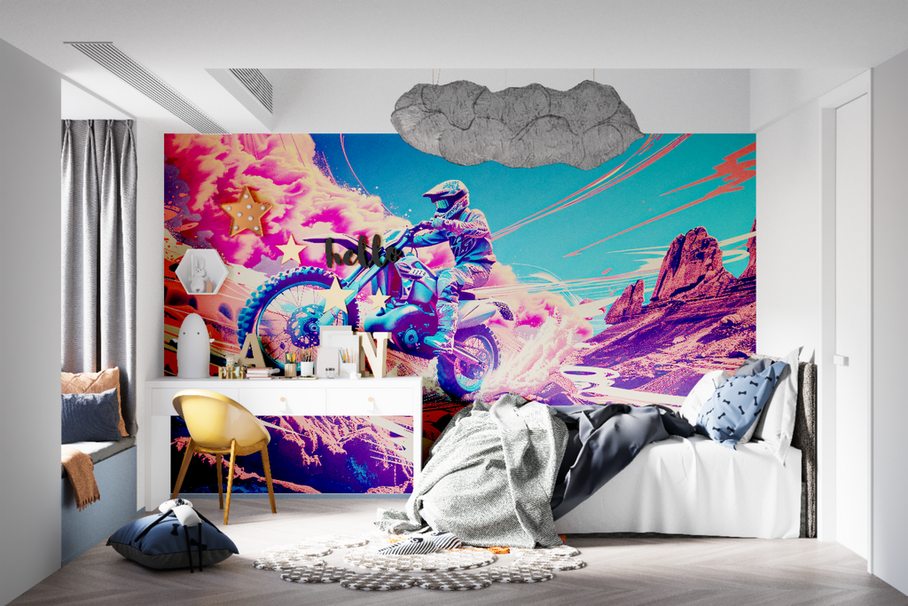 Sports mural featuring motocross action in stylish game room setting