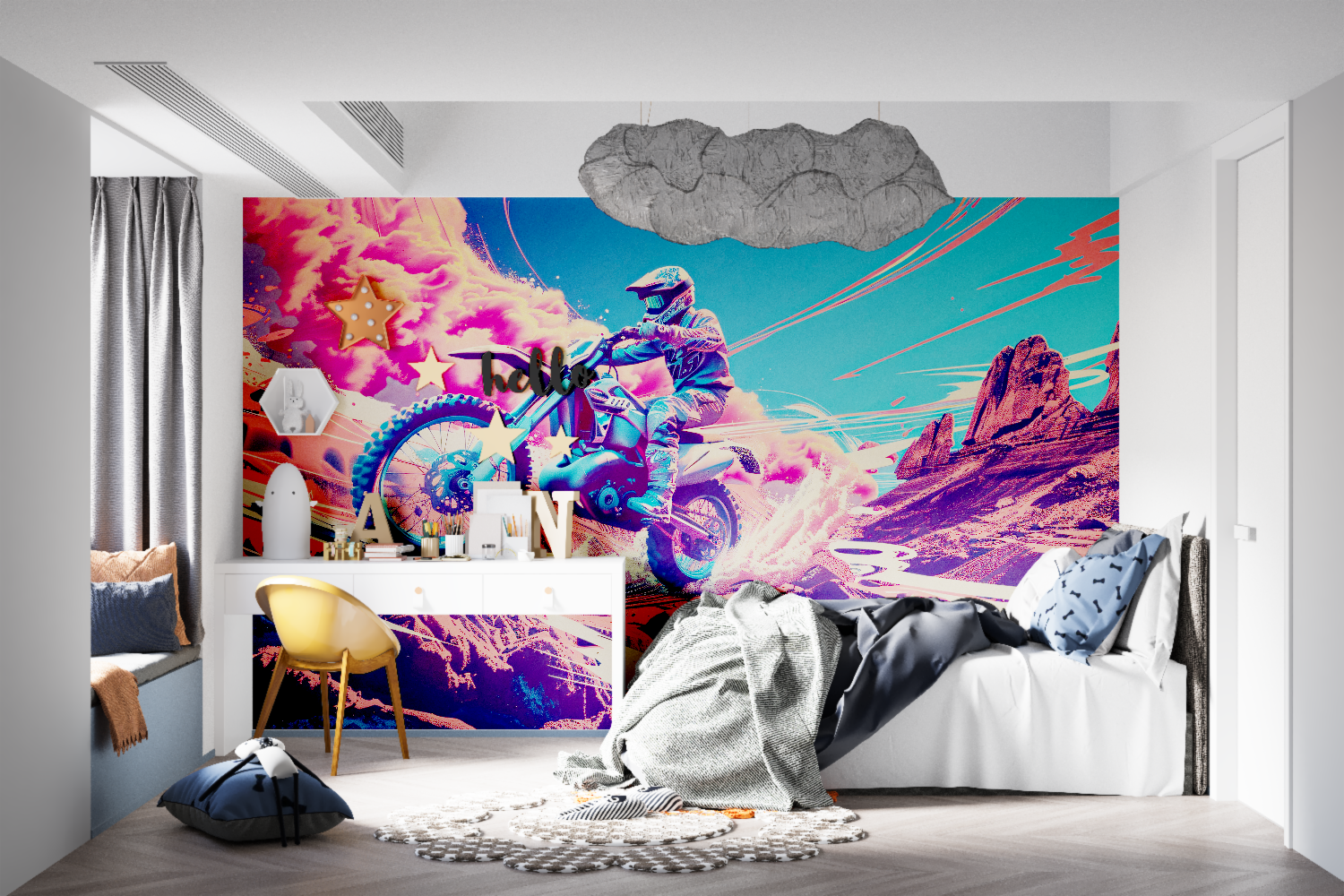 Sports mural featuring motocross action in stylish game room setting