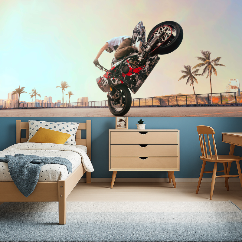 Freestyle motocross wallpaper making a statement in a home gym setup